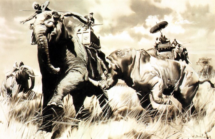 Zdenek Burian painting of elephant and rhino battle