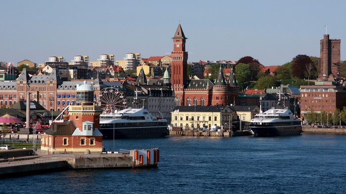 Helsingborg, Sweden waterfront with buildings and ferries