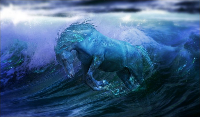 Blue water horse in ocean waves