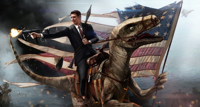 Ronald Reagan riding a velociraptor with American flag