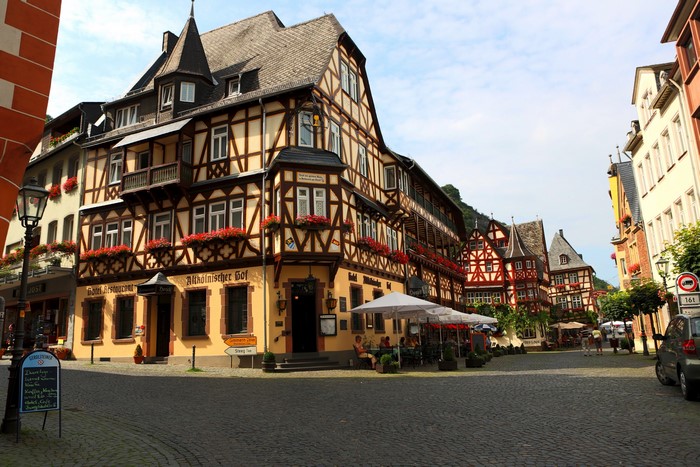 Half-timbered buildings in a German town square