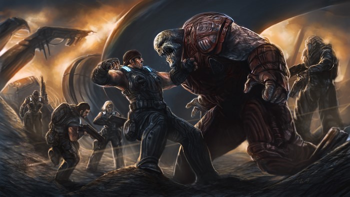 Gears of War characters fighting a large monster