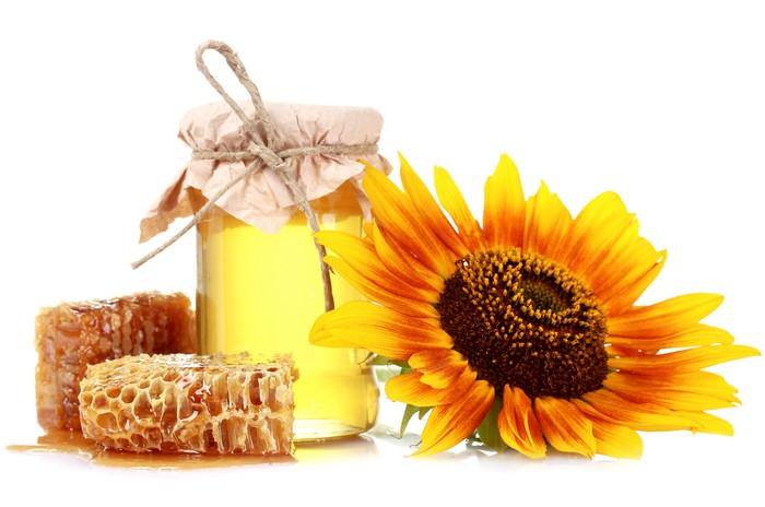 Honey jar with honeycomb and sunflower