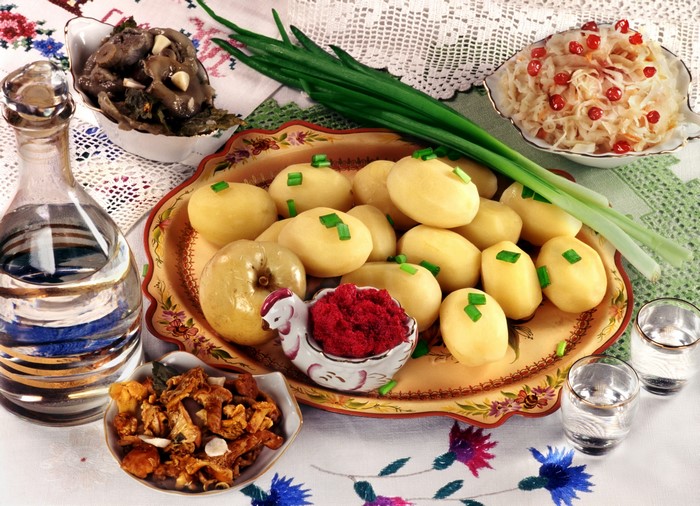 Boiled Potatoes with Mushrooms, Sauerkraut, and Vodka