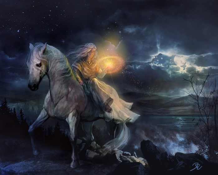 Woman on a white horse holding a magical orb