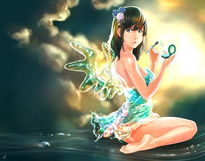 Fairy applying makeup with wings made of water