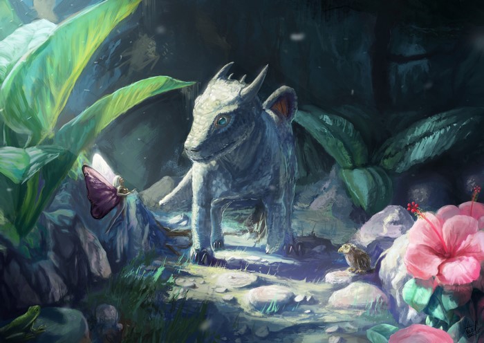 Dragon in a magical forest with a fairy and a butterfly