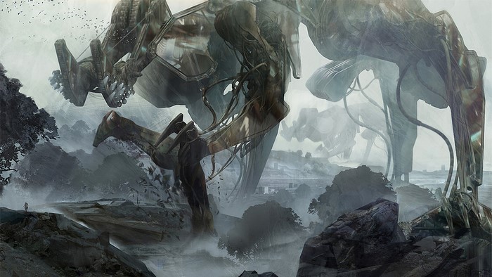 Giant mechanical beings in a misty landscape