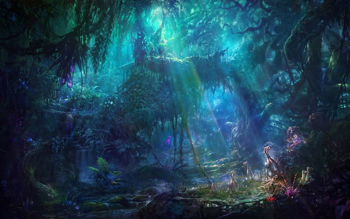 Enchanted forest with glowing flora and fauna