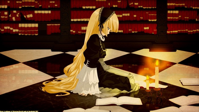 Victorique de Blois from Gosick reading in a library