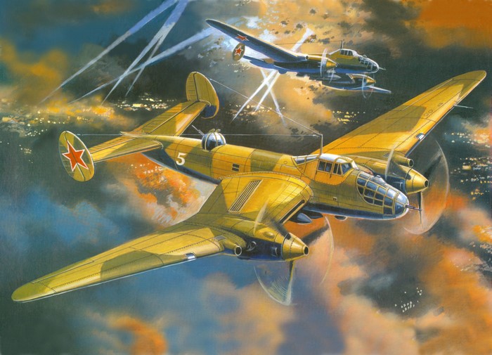 Two Soviet Ep-2 airplanes flying at night