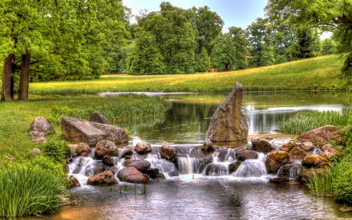 Park with a pond and waterfall