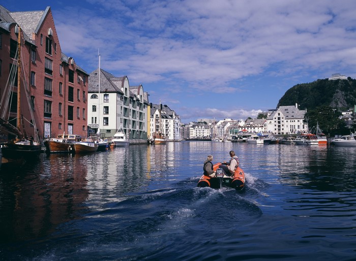 Alesund, Norway harbor with boats and buildings