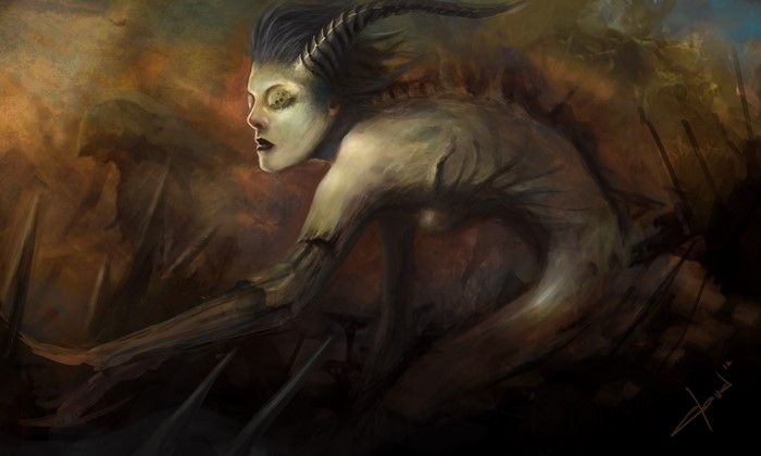 Demon with Horns in Dark Landscape