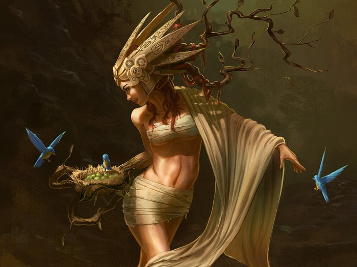 Woman with elaborate headdress and birds