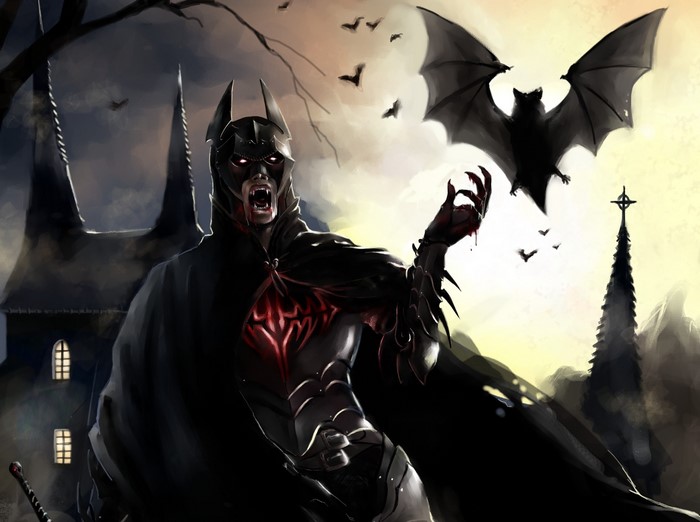Vampire Batman with Bats and Gothic Architecture