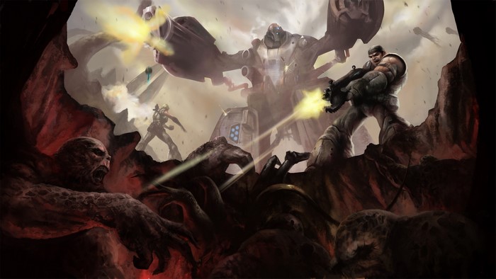 Gears of War characters fighting a giant robot and monsters