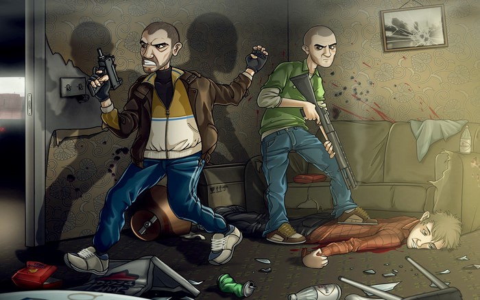 Niko Bellic and companion from Grand Theft Auto in a violent scene