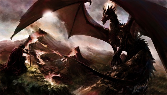 Dragon and Knight in a Mountainous Landscape