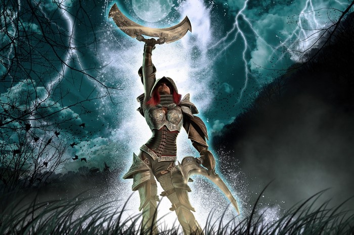 Warrior woman with swords in stormy night