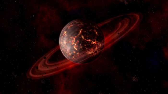 Volcanic planet with rings in space