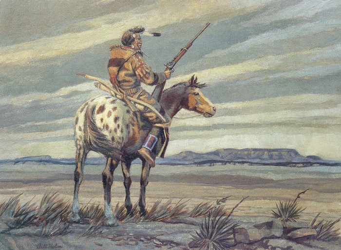 Native American man on horseback with rifle
