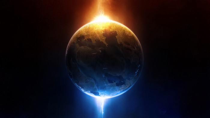 Earth in space with glowing energy beams