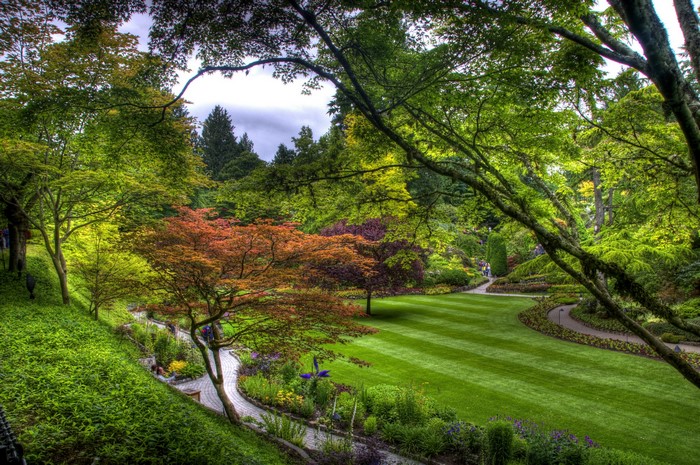 Beautiful Gardens with Manicured Lawns and Trees