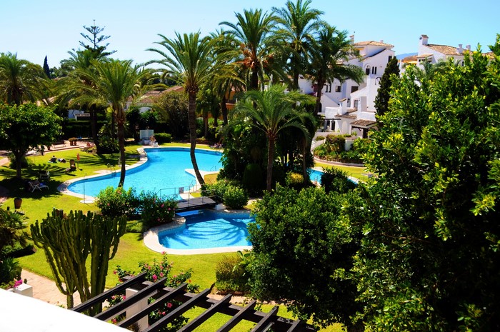 Resort with pools and palm trees in Spain