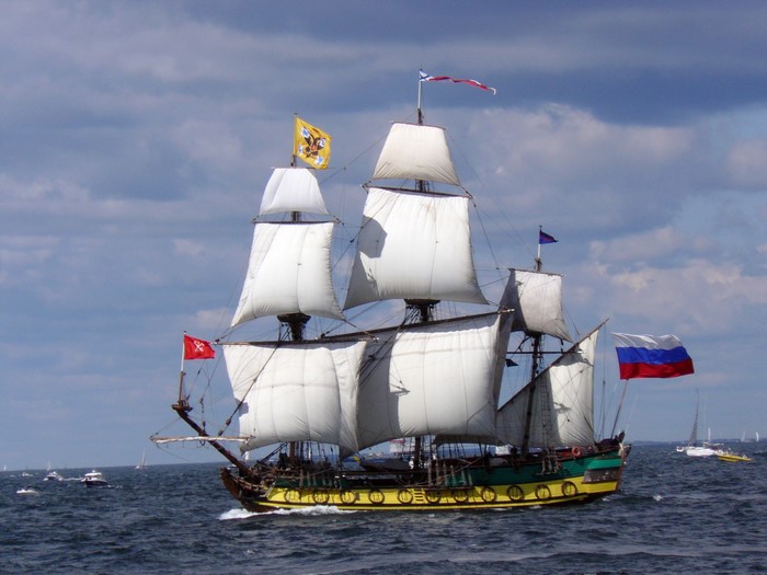 The Shtandart sailing ship with Russian flags