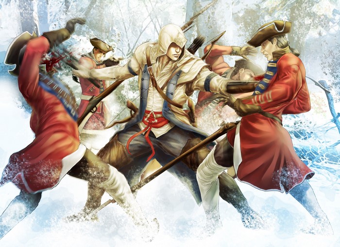 Connor Kenway from Assassin's Creed 3 fighting soldiers in snow