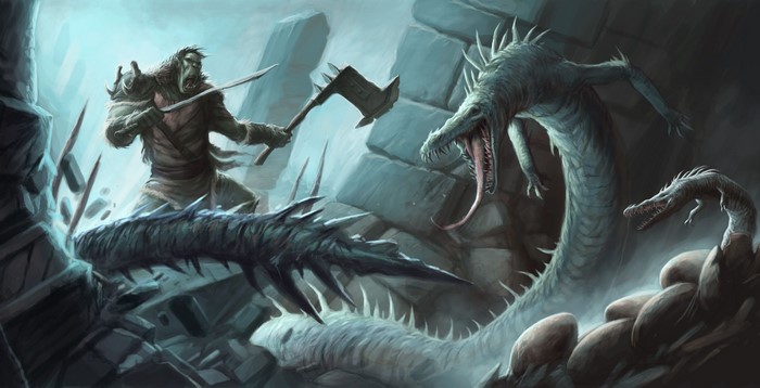 Orc fighting serpents in ruins