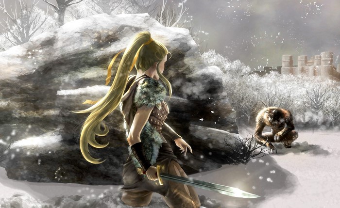 Warrior girl with sword facing werewolf in snowy landscape