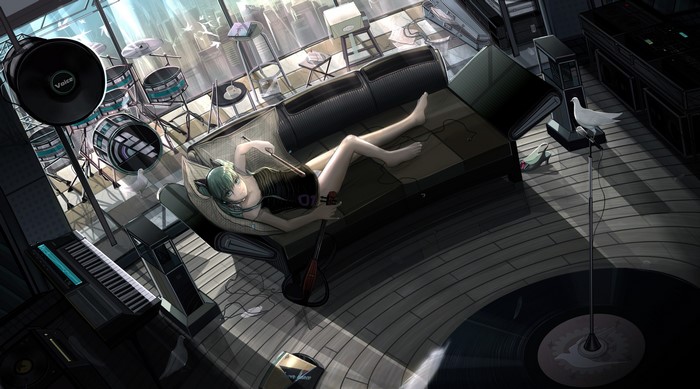 Hatsune Miku in a music studio with instruments