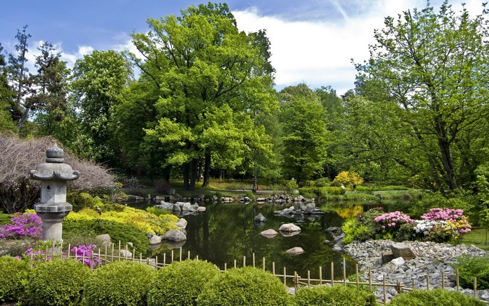 Japanese Garden with Pond and Lantern in Wroclaw, Poland