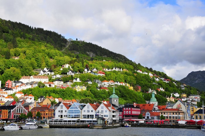 Bergen, Norway cityscape with colorful buildings and green hills