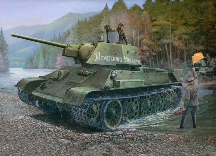 Tanks in a river with soldiers