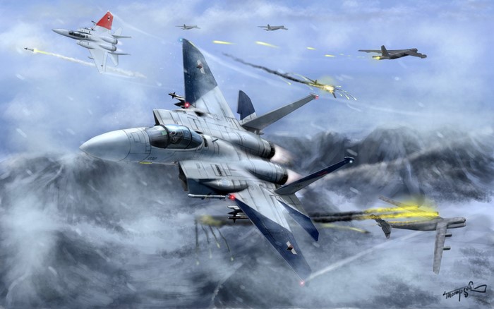 Fighters in aerial combat over snowy mountains