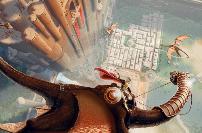 Dragons flying over a city
