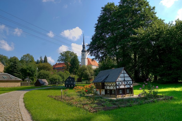 Miniature village with church in background