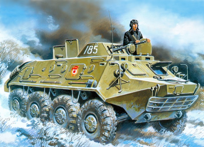 APC with soldier in snowy landscape