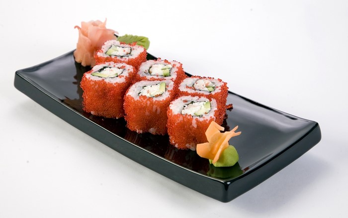 California Roll Sushi with Tobiko and Ginger