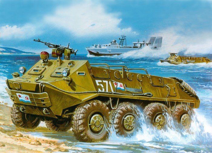 Amphibious APC on a beach with boats