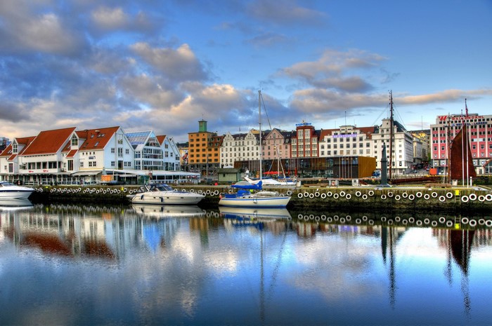 Harbor with boats and buildings in Norway