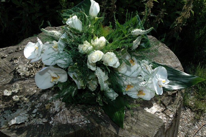 White rose and orchid bouquet on a log