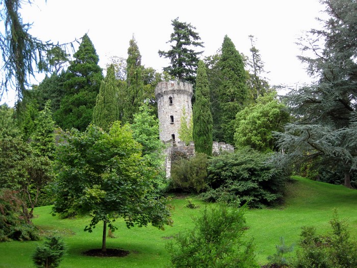 Castle tower in a lush garden with trees