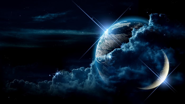 Planet and Moon in Space with Clouds and Stars