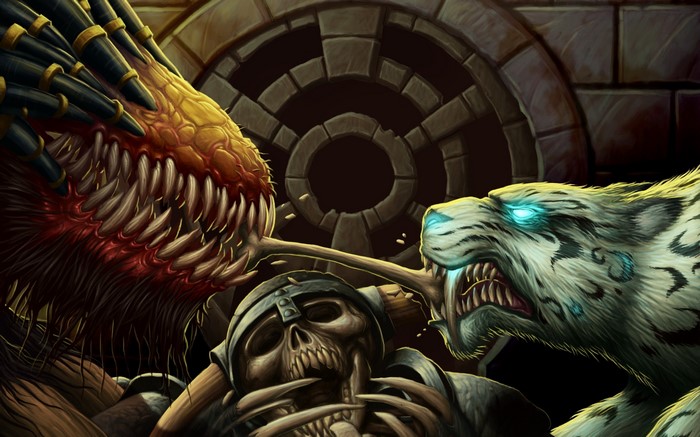 Monsters fighting over a skeleton in World of WarCraft