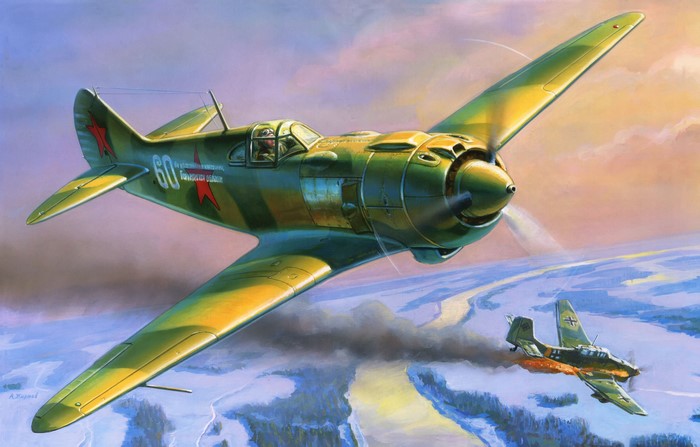 Soviet fighter plane attacking a German bomber