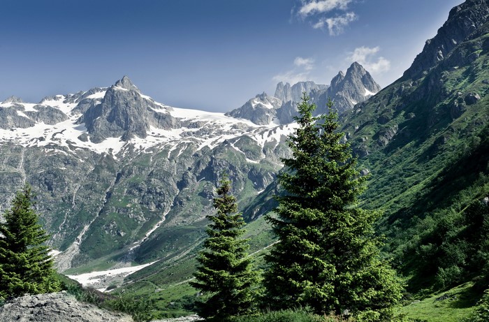 Snow-capped mountains and green slopes in Switzerland
